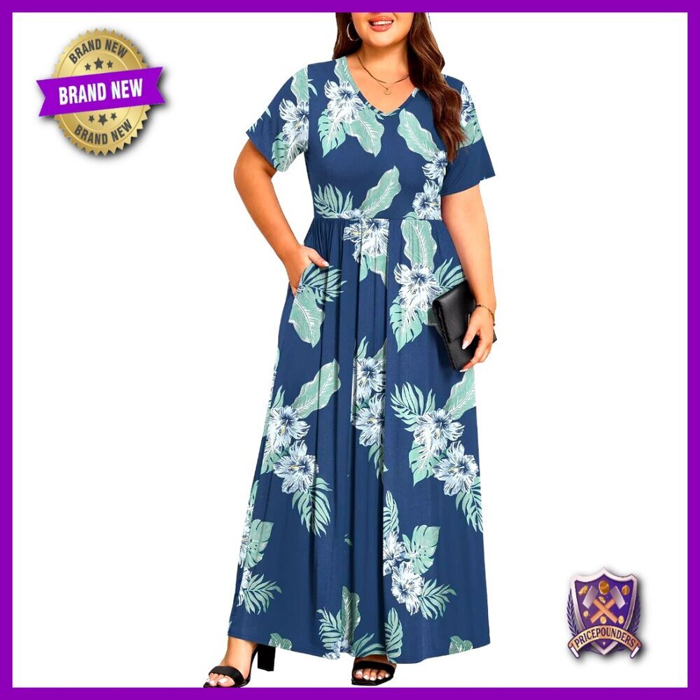 Plus Size Maxi Dress with Pockets V Neck Short Sleeve Casual Beach Coverup